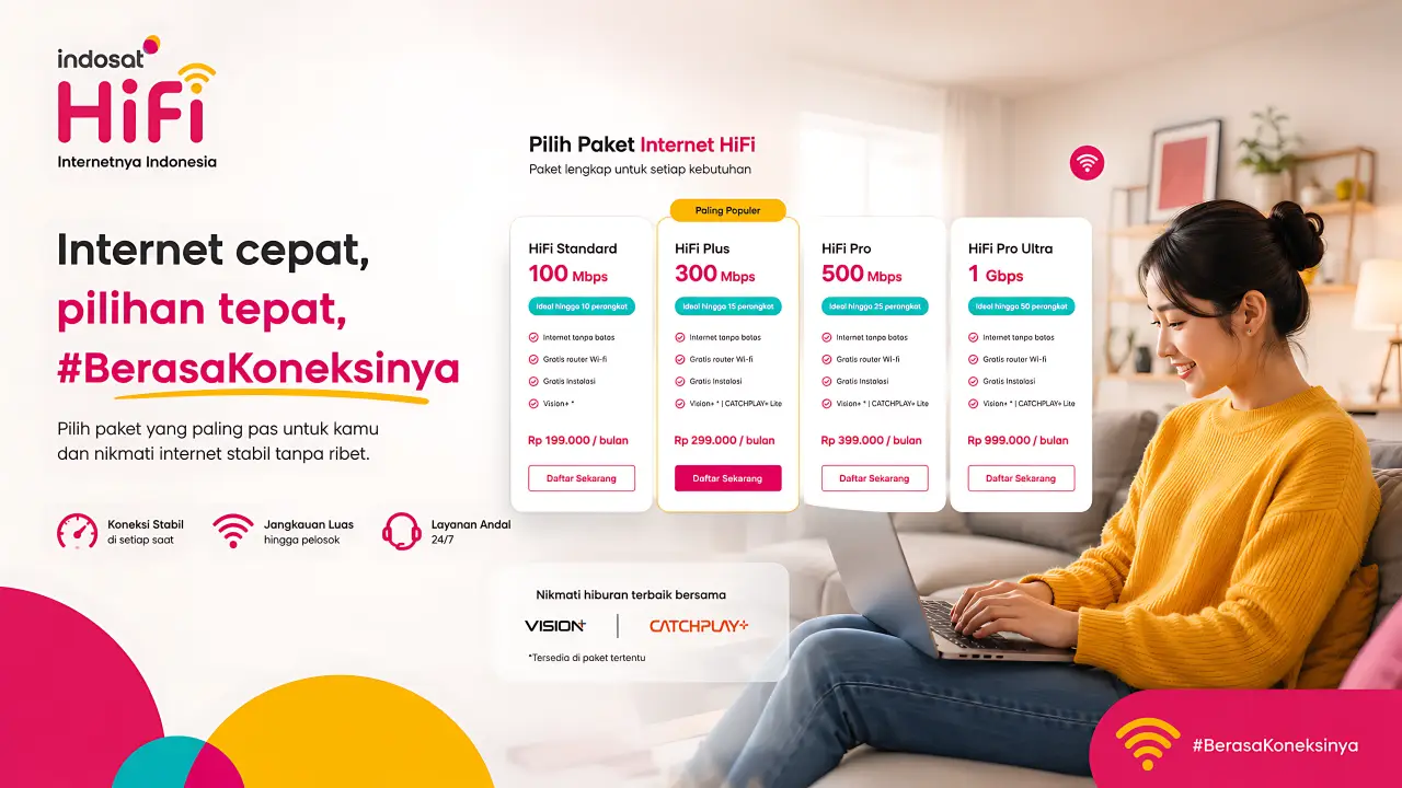 Indosat HiFi internet rumah unlimited dengan pilihan paket 100 Mbps, 300 Mbps, 500 Mbps hingga 1 Gbps. Gratis instalasi, tanpa FUP, dan koneksi fiber optik cepat serta stabil #BerasaKoneksinya.