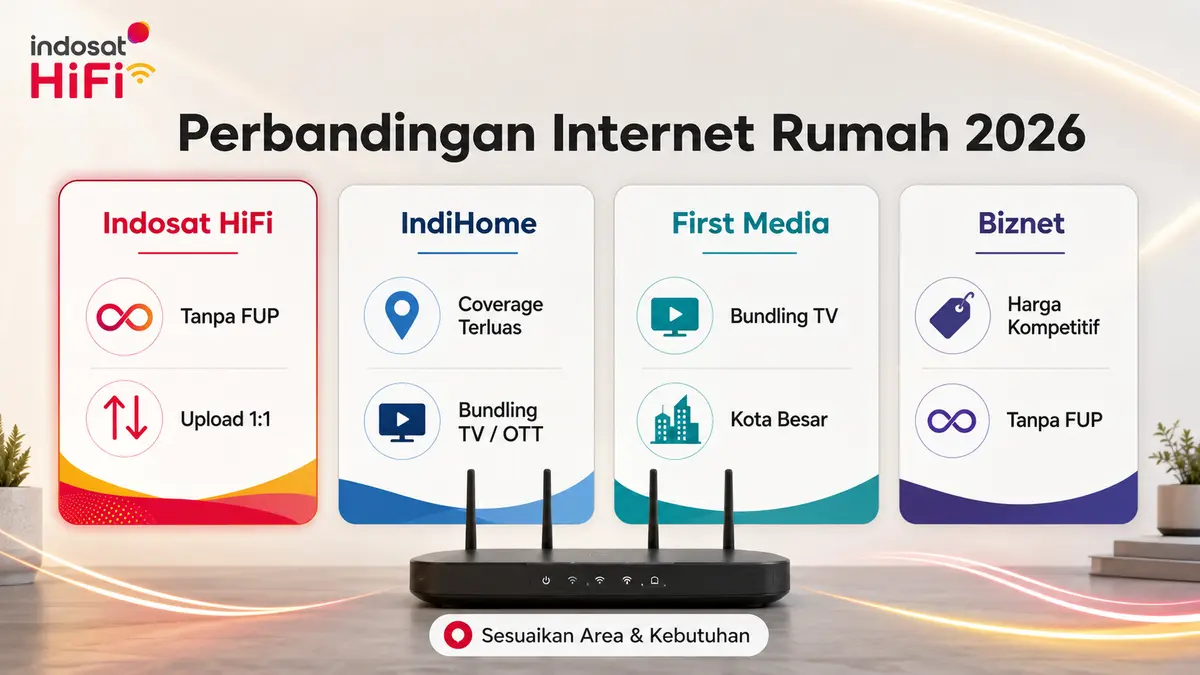 Perbandingan Indosat HiFi, IndiHome, First Media, dan Biznet 2026 berdasarkan FUP, upload, coverage, bundling, dan harga