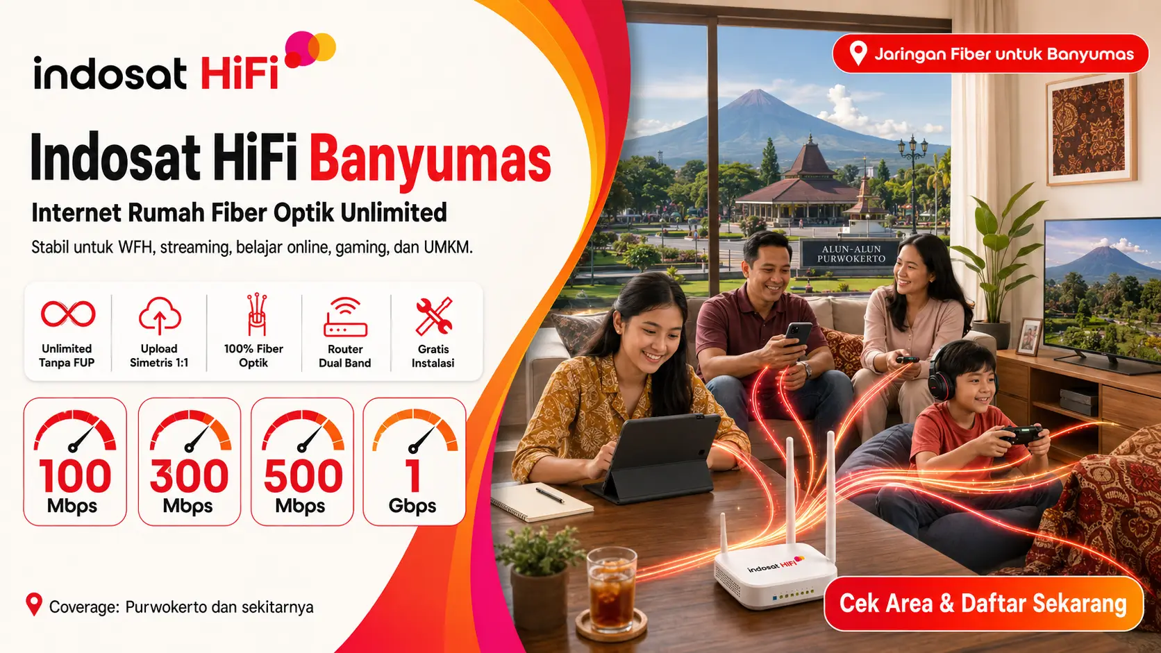 Indosat HiFi Banyumas internet rumah Purwokerto fiber optik unlimited tanpa FUP dengan kecepatan hingga 1 Gbps