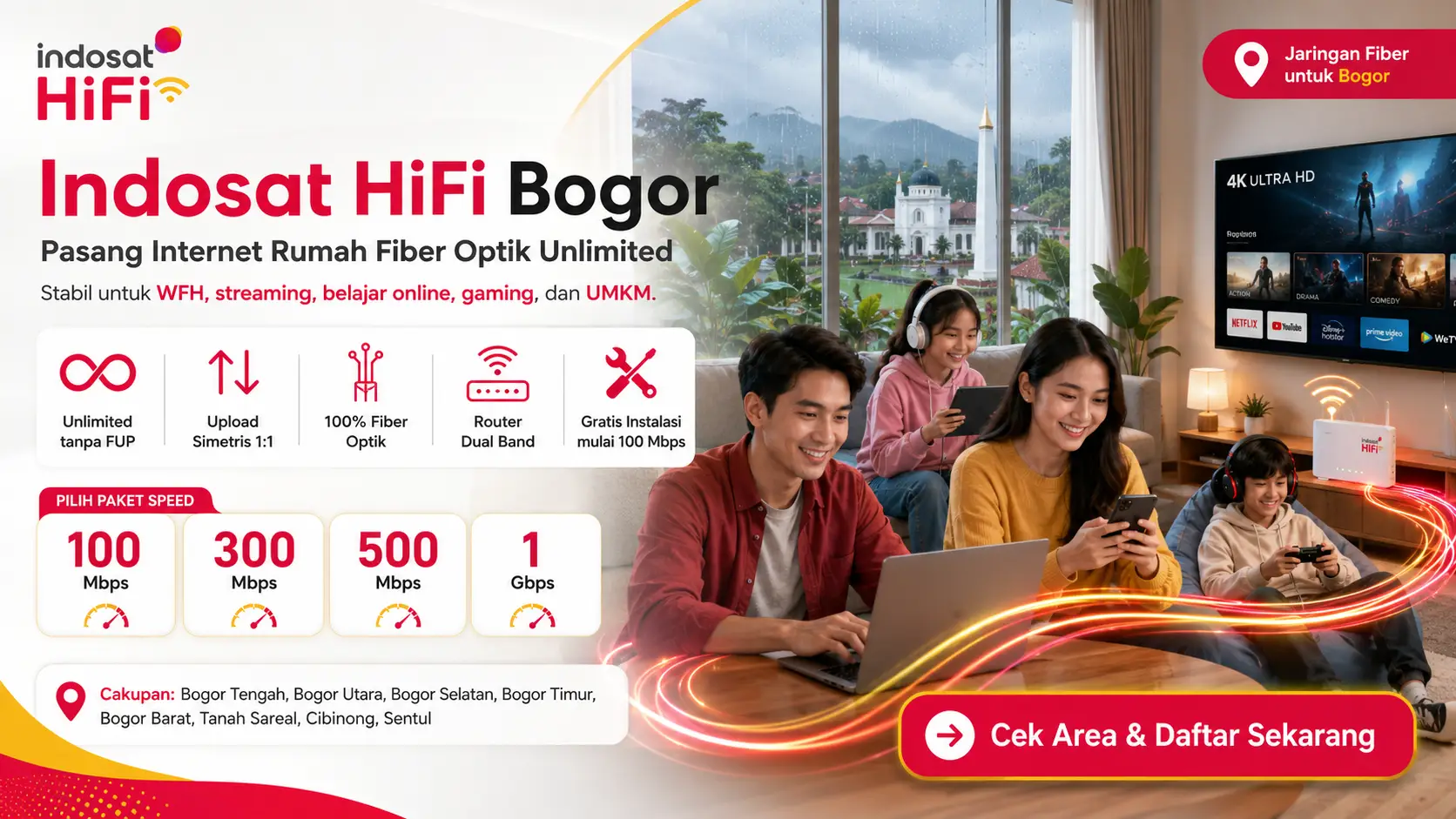 Indosat HiFi Bogor layanan internet rumah fiber optik unlimited untuk WFH, streaming, belajar online, gaming, dan UMKM