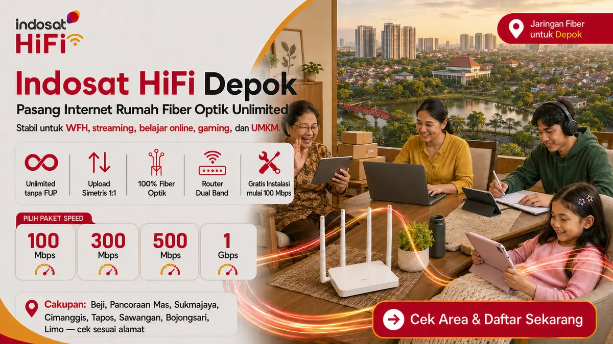 Keluarga multigenerasi menggunakan internet fiber Indosat HiFi Depok