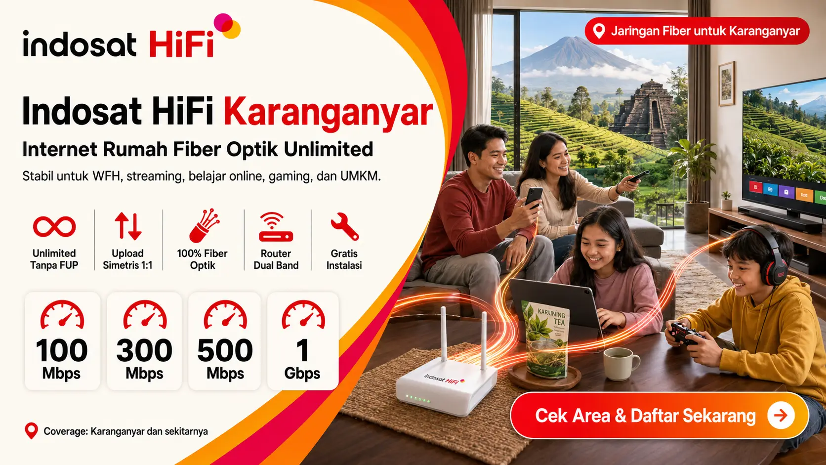 Indosat HiFi Karanganyar internet rumah fiber optik unlimited tanpa FUP dengan kecepatan hingga 1 Gbps