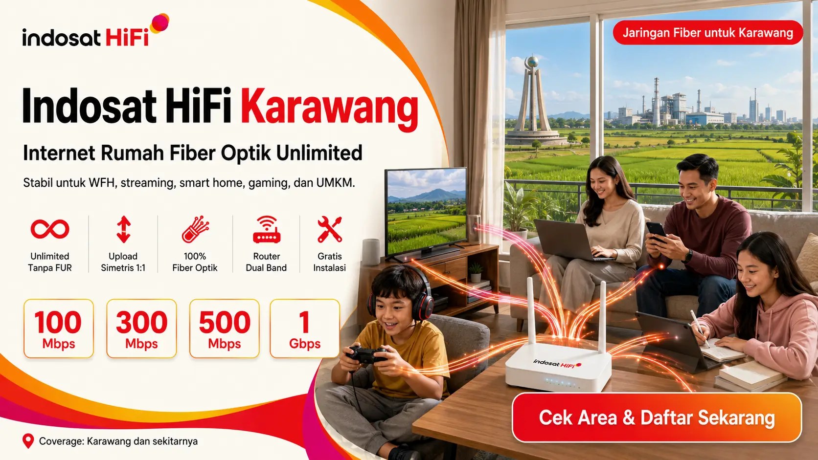 Indosat HiFi Karawang internet rumah fiber optik unlimited tanpa FUP dengan kecepatan hingga 1 Gbps