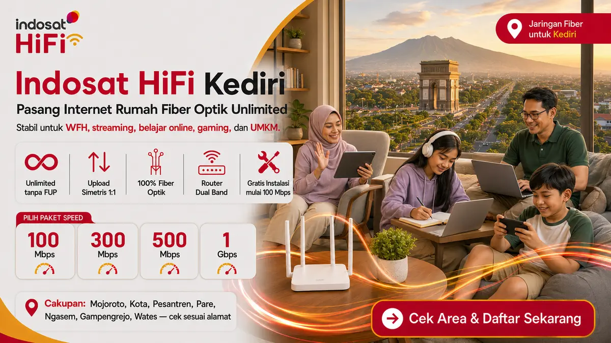 Keluarga menggunakan internet fiber Indosat HiFi Kediri dengan paket hingga 1 Gbps