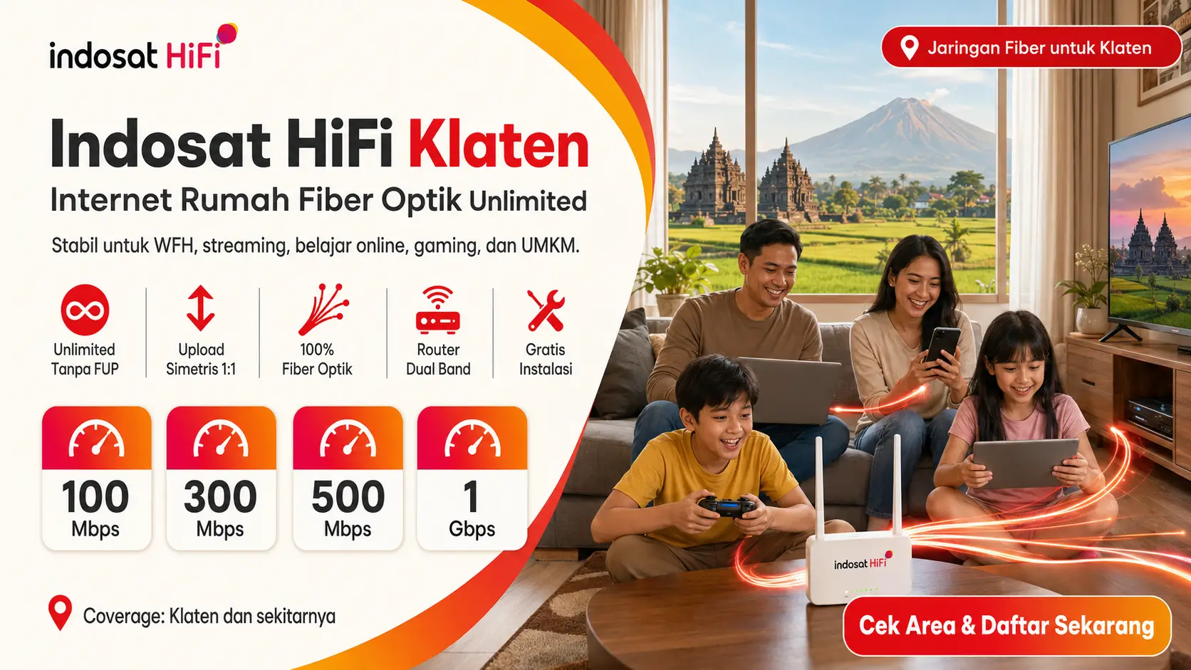 Indosat HiFi Klaten internet rumah fiber optik unlimited tanpa FUP dengan kecepatan hingga 1 Gbps