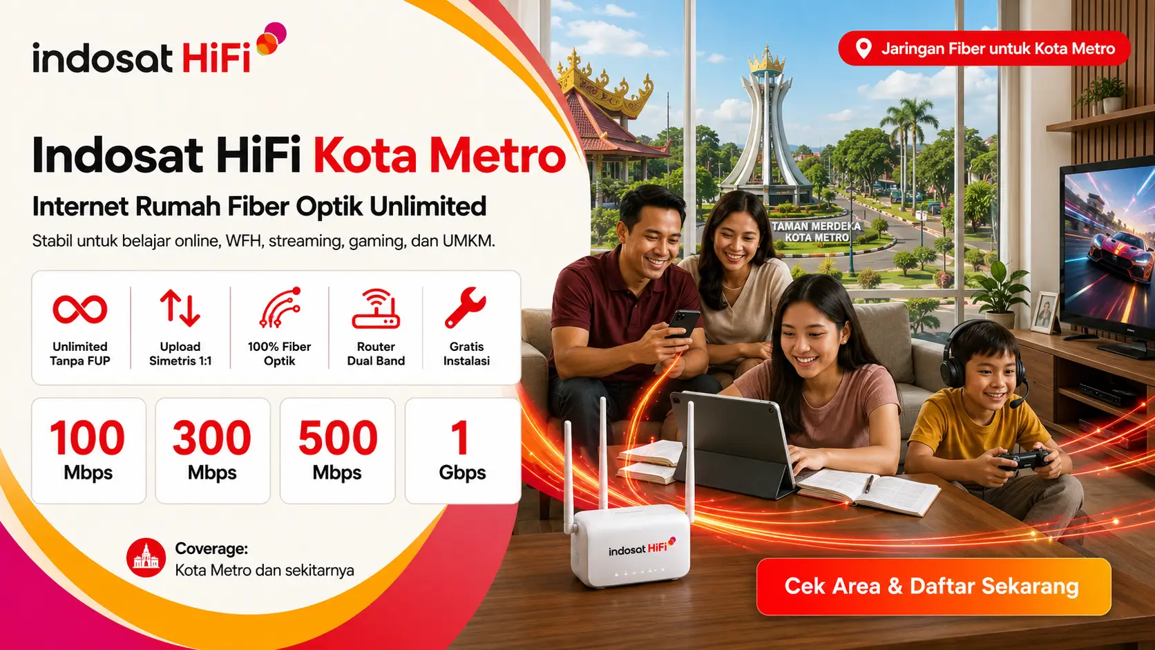 Indosat HiFi Kota Metro Lampung internet rumah fiber optik unlimited tanpa FUP dengan kecepatan hingga 1 Gbps
