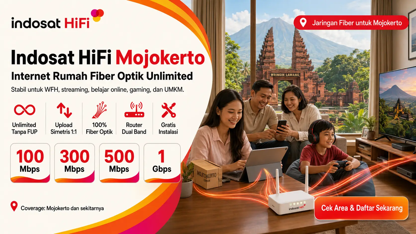 Indosat HiFi Mojokerto internet rumah fiber optik unlimited tanpa FUP dengan kecepatan hingga 1 Gbps
