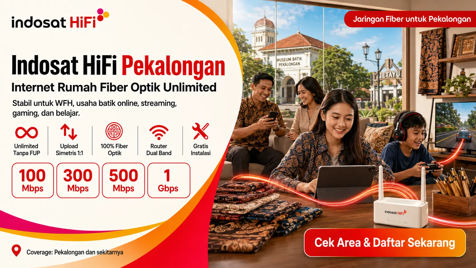Indosat HiFi Pekalongan internet rumah fiber optik unlimited tanpa FUP dengan kecepatan hingga 1 Gbps