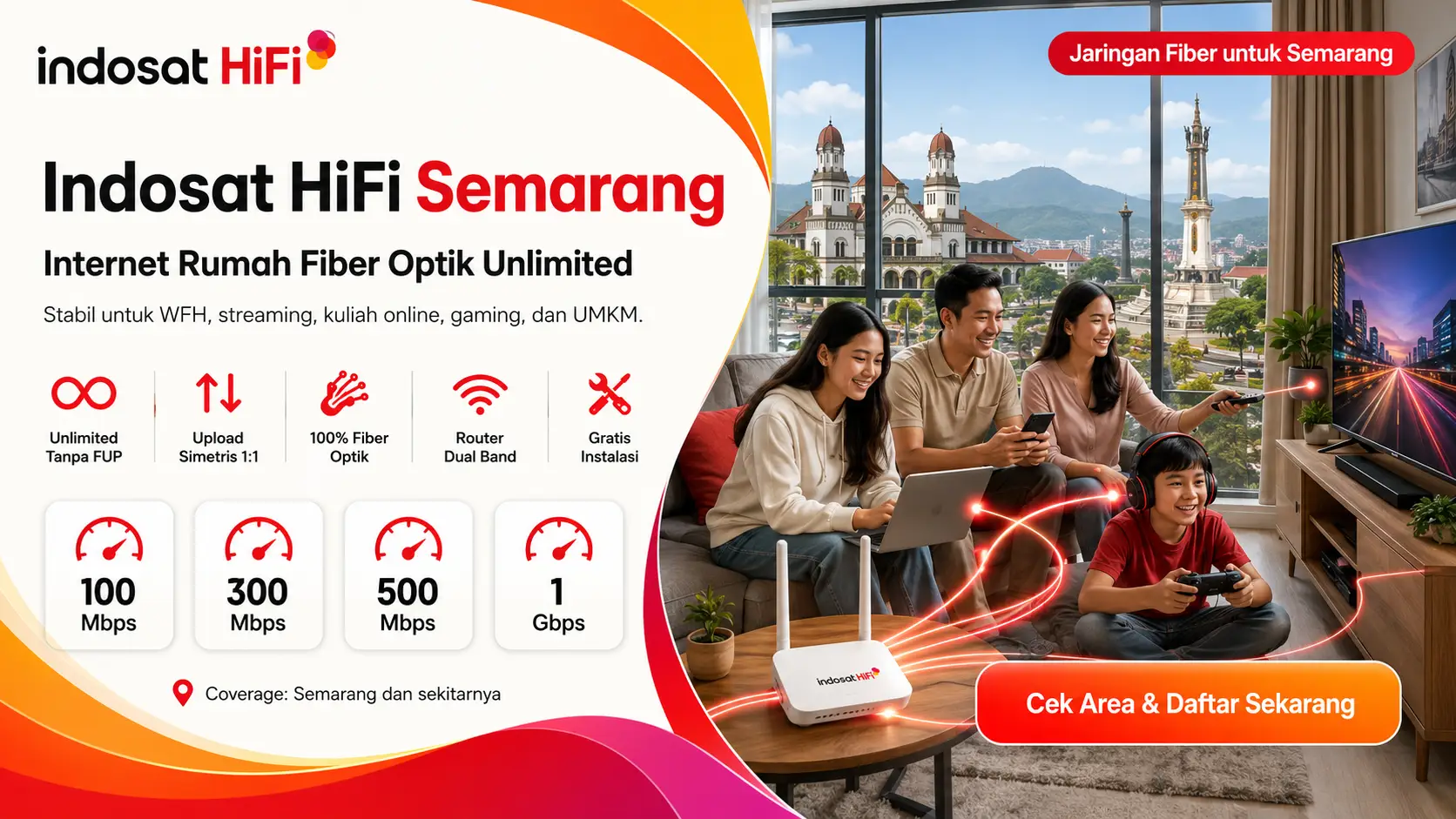 Indosat HiFi Semarang internet rumah fiber optik unlimited tanpa FUP dengan kecepatan hingga 1 Gbps