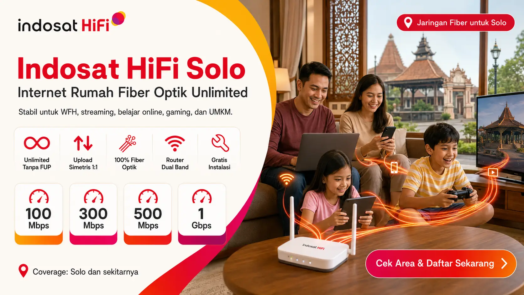 Indosat HiFi Solo internet rumah fiber optik unlimited tanpa FUP dengan kecepatan hingga 1 Gbps
