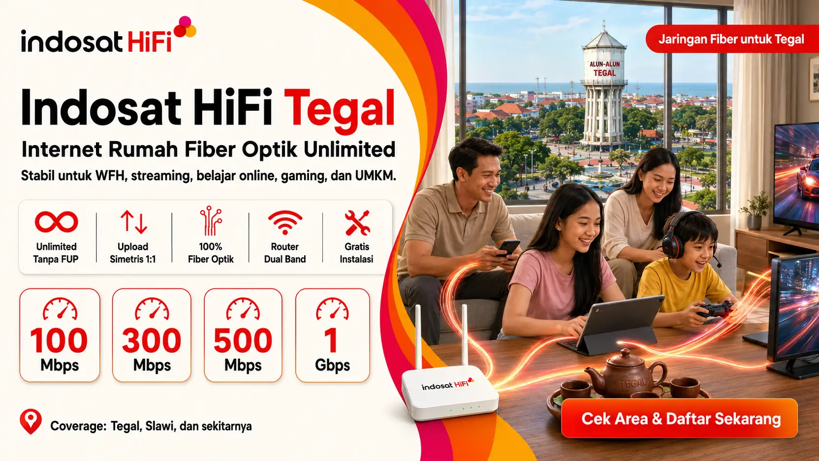 Indosat HiFi Tegal internet rumah fiber optik unlimited tanpa FUP dengan kecepatan hingga 1 Gbps