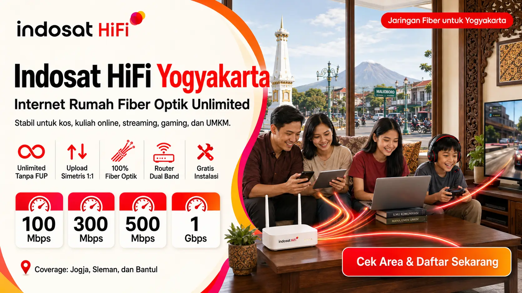 Indosat HiFi Yogyakarta internet rumah fiber optik unlimited tanpa FUP dengan kecepatan hingga 1 Gbps